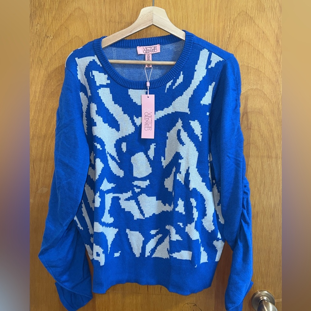 Victor Glemaud Patterned Blue & White Sweater 2XL NWT Ruched Sleeve Knit